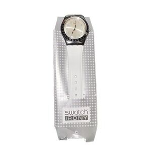 Swatch Irony Stainless Steel Watch White Leather Strap Silver Dial Swiss Made